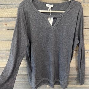 Round Neck, Front Cut-Out Detail, Waffle Knit and Ribbed Top with Side Slits and